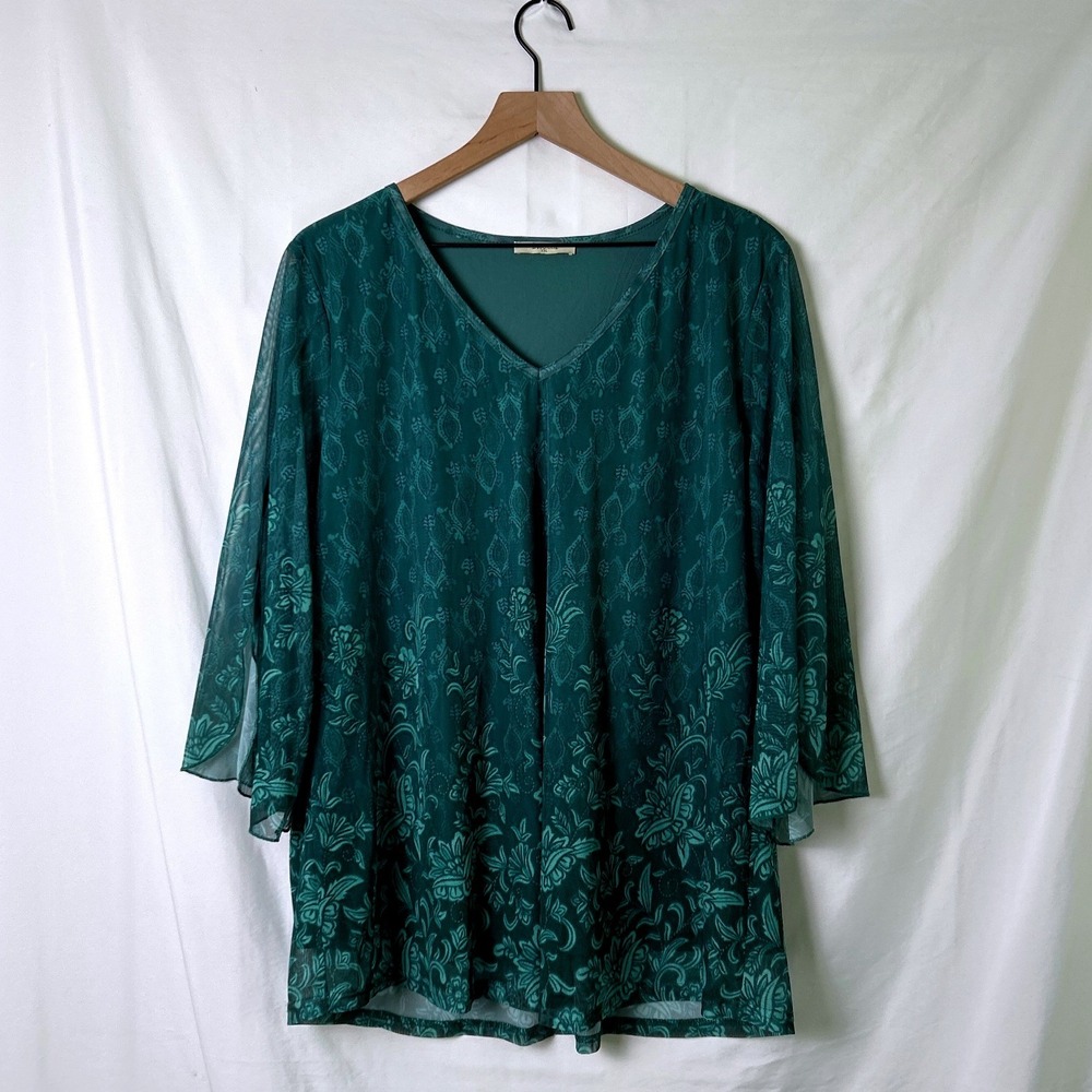 Bebonnie Womens Floral Mesh Split Bell Sleeve V-Neck Tunic Blouse Size XXL Green